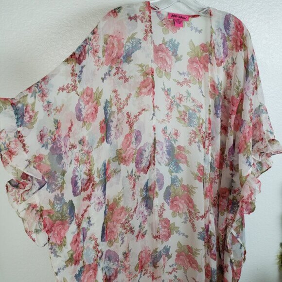 Betsey Johnson Floral Print Sheer Kimono Ruffled Swim Cover-up Loungewear O/S - Picture 12 of 12
